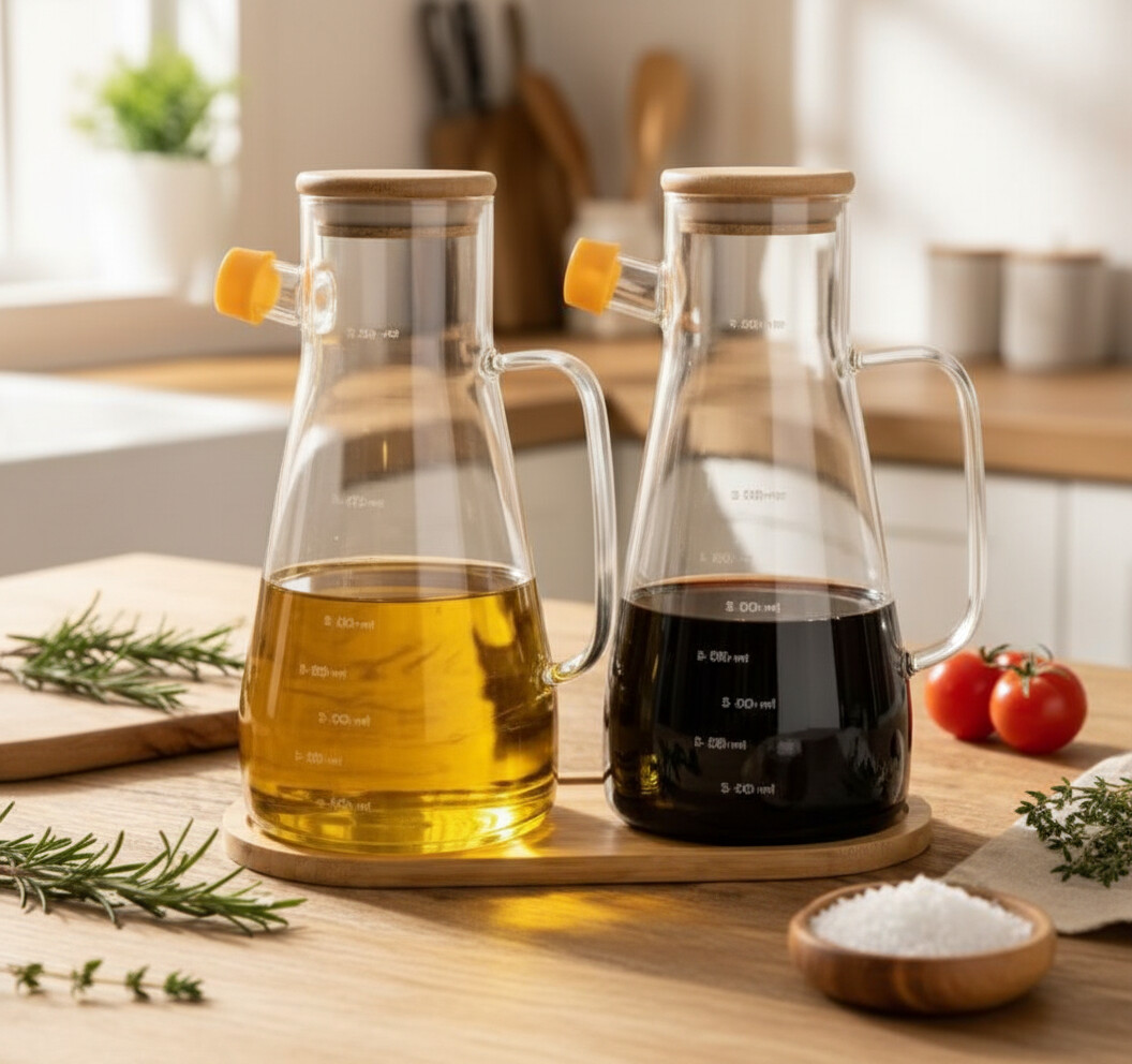 1000 ml. 2’li Borosilikat Cam, Bambu Altlık Yağdanlık Set